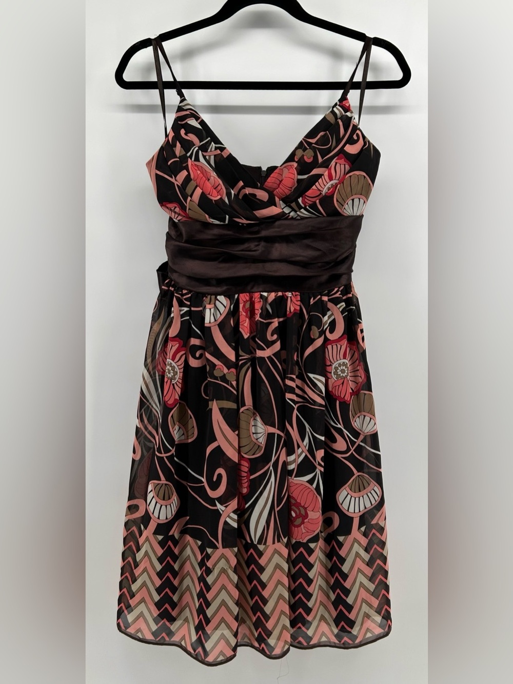 Vtg Y2K Studio Y Brown Pink Floral Chevron Whimsigoth Babydoll Midi Dress 7/8